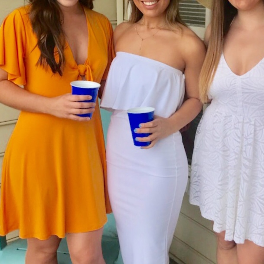 Golden yellow flutter sleeve tie front dress